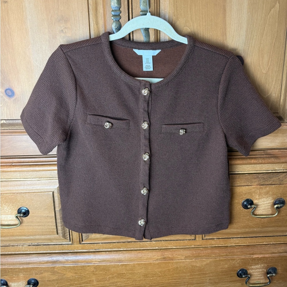 H&M Women's Short-Sleeve Brown Knit Button Front Top